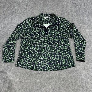 Chicos Shirt Womens Large 2 Green Black Snap Placket Long Sleeve Stretch Henley